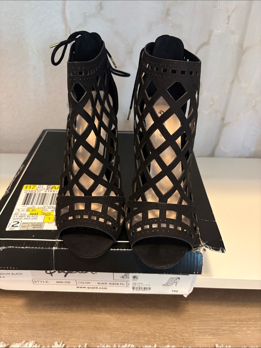 Qupid Black Cage Lace-Up Stiletto Sandal - Picture 4 of 7